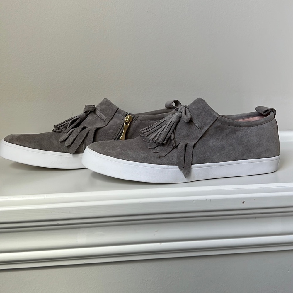 Gray suede Kate Spade fringe loafers. Size 9.